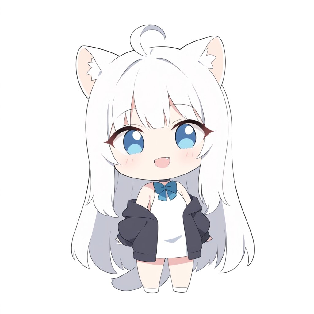 chibi, masterpiece, made by a master, 4k, perfect anatomy, perfect details, best quality, high quality, lots of detail.
(solo),1girl, ((white hair)), very long hair, blue eyes, (straight hair), (bangs), animal ears, (stoat ears:1.2), ahoge, fang, (big stoat Tail:1.2), (White sleeveless two piece dress, blue chest bow), (black hooded jacket:1.2), (Off the shoulders), (fighting with a rabbit), single, looking at viewer, (full body) ,Emote Chibi. cute comic,simple background, flat color, Cute girl,Chibi Style,chibi emote style,cute,anime