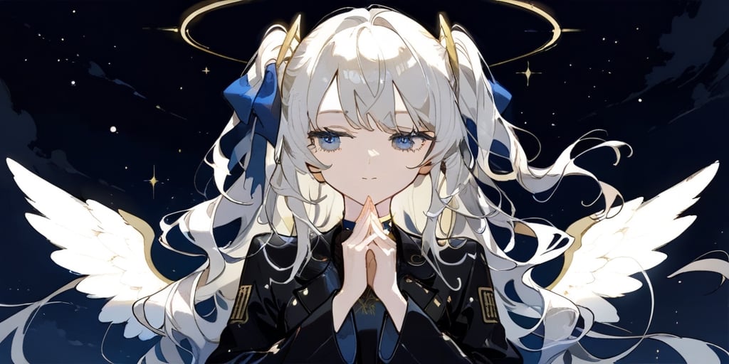 1girl, angel, white hair, long curly hair, two side up,blue eyes, two blue ribbons on her hair, (Double golden halo on her head), choker, angel wings, cyber suit, own hands together, night, upper body, looking away, masterpiece,  best quality,  aesthetic,lineart, LineAniAF,