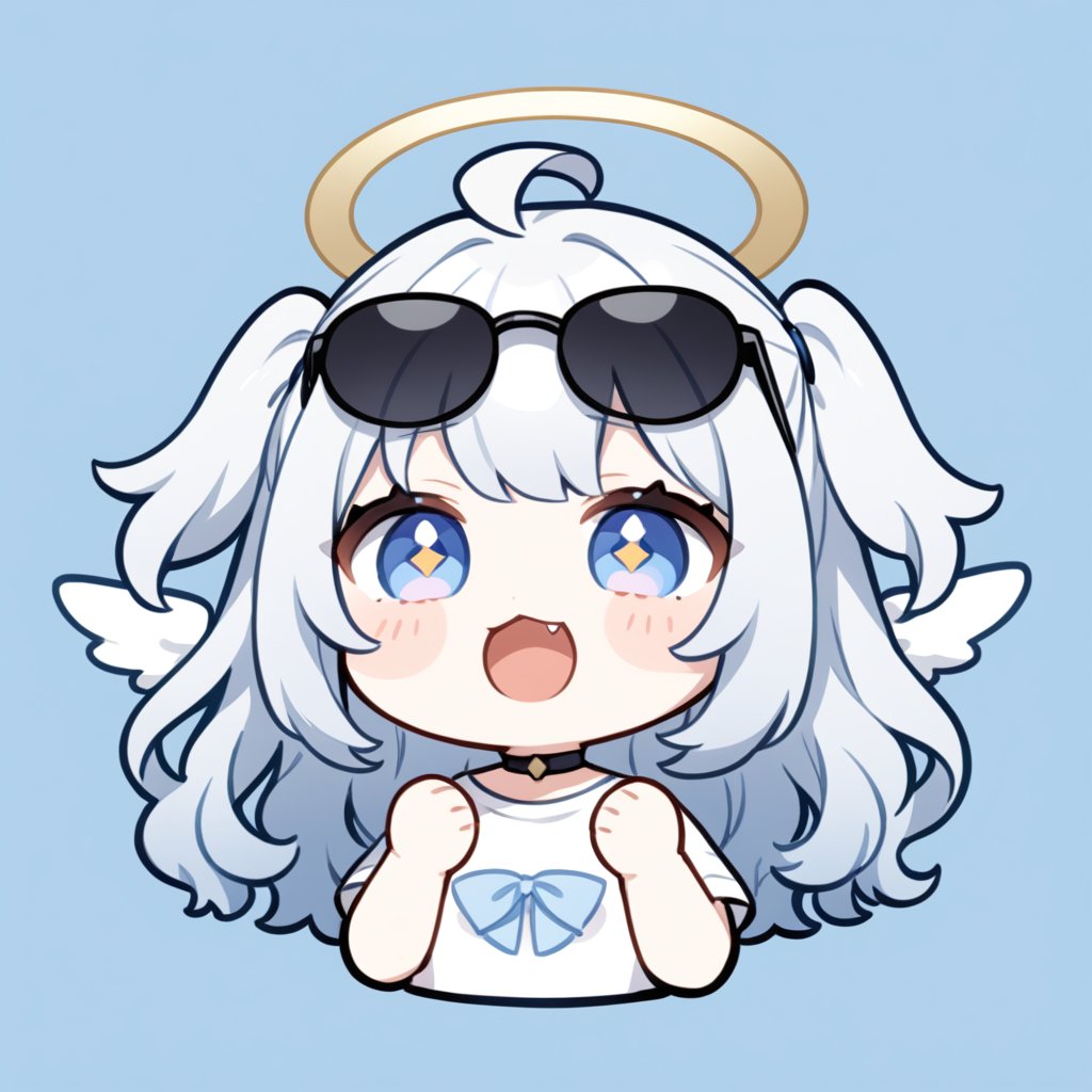 (chibi style), {{{masterpiece}}}, {{{best quality}}}, {{ultra-detailed}}, {beautiful detailed eyes}. 1girl, angel, white hair, long curly hair, (two side up), blue eyes,  (curly hair:1.2), (wavy hair), (hair curls), (bangs), (two side up), two blue hair ties on head, (Double golden halo on her head), choker, angel wings, ahoge, fang, (white T-shirt) (rapping), (black sunglasses), upper body,chibi emote style,chibi,emote, cute,Emote Chibi,anime,cute comic,