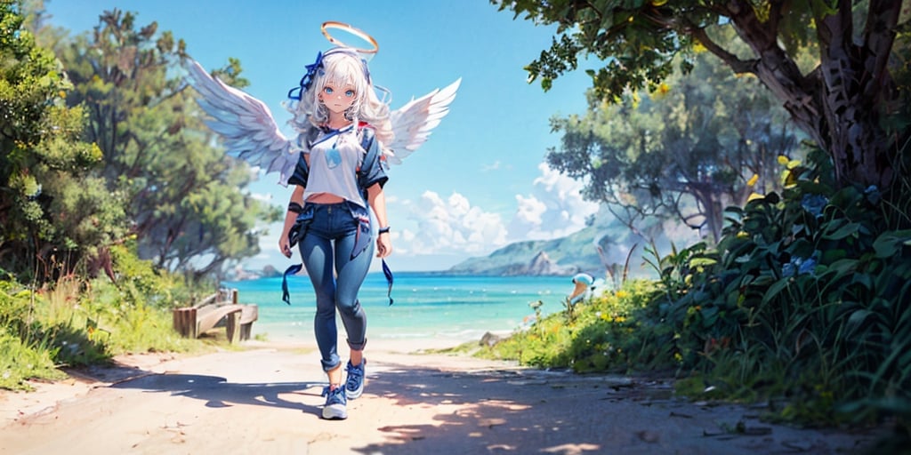  (Best Picture Quality, High Quality, Best Picture Score: 1.3), , Perfect Beauty Score: 1.5, long hair, 1 angel girl, (solo), ((white hair)), (long curly hair), blue eyes, ((two blue ribbons on her hair)), (Double golden halo on her head), (angel wings), (cute outfit), wearin explorer clothing, gadventure clothing, adventure wear, adventure pants, Going on an adventure, many wild animals, on an isolated island, (full_body), beautiful, cute, masterpiece, best quality,perfect light,