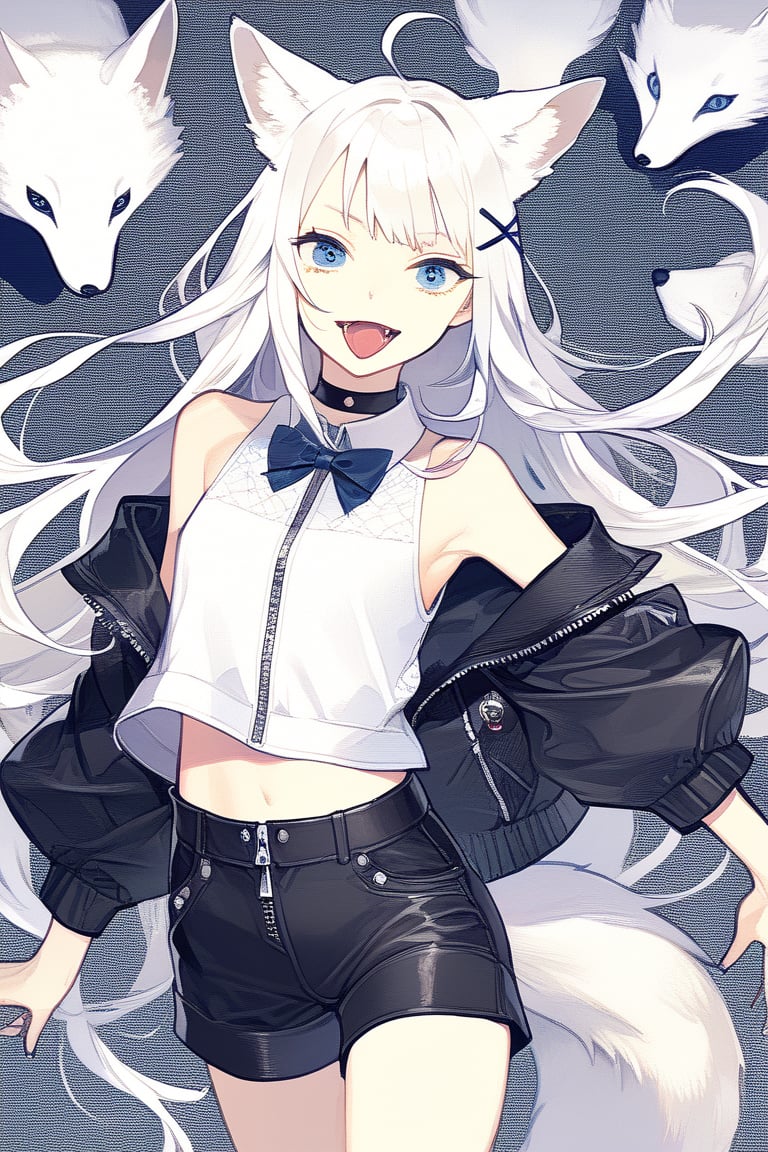 2d,fantastic,masterpiece,best quality,hdr,high resolution,perfect anatomy, extremely detailed, nsfw,1girl, stoat girl, solo, ((white hair)), very long hair, blue eyes, (straight hair), (bangs), animal ears, (stoat ears:1.2), Choker, ahoge, fangs, (big white fox Tail:1.2), (blue X hairpin),  (White collared sleeveless top, (midriff), blue chest bow), (black hooded oversized jacket:1.2), (jacket zipper half unzipped), (black short pants) (Off the shoulders),, smiling, (bags_under_eyes,jitome),clothed,skin fang,open mouth,tongue,smile,