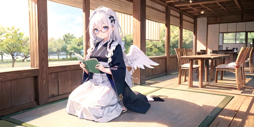  (Best Picture Quality, High Quality, Best Picture Score: 1.3), , Perfect Beauty Score: 1.5, long hair, 1 angel girl, (solo), ((white hair)), (long curly hair), blue eyes, ((two blue ribbons on her hair)), (Double golden halo on her head), (angel wings), (cute outfit), glasses, Wearing Japanese maid outfit, reading, (In a Japanese cafe), (full_body), beautiful, cute, masterpiece, best quality,perfect light,