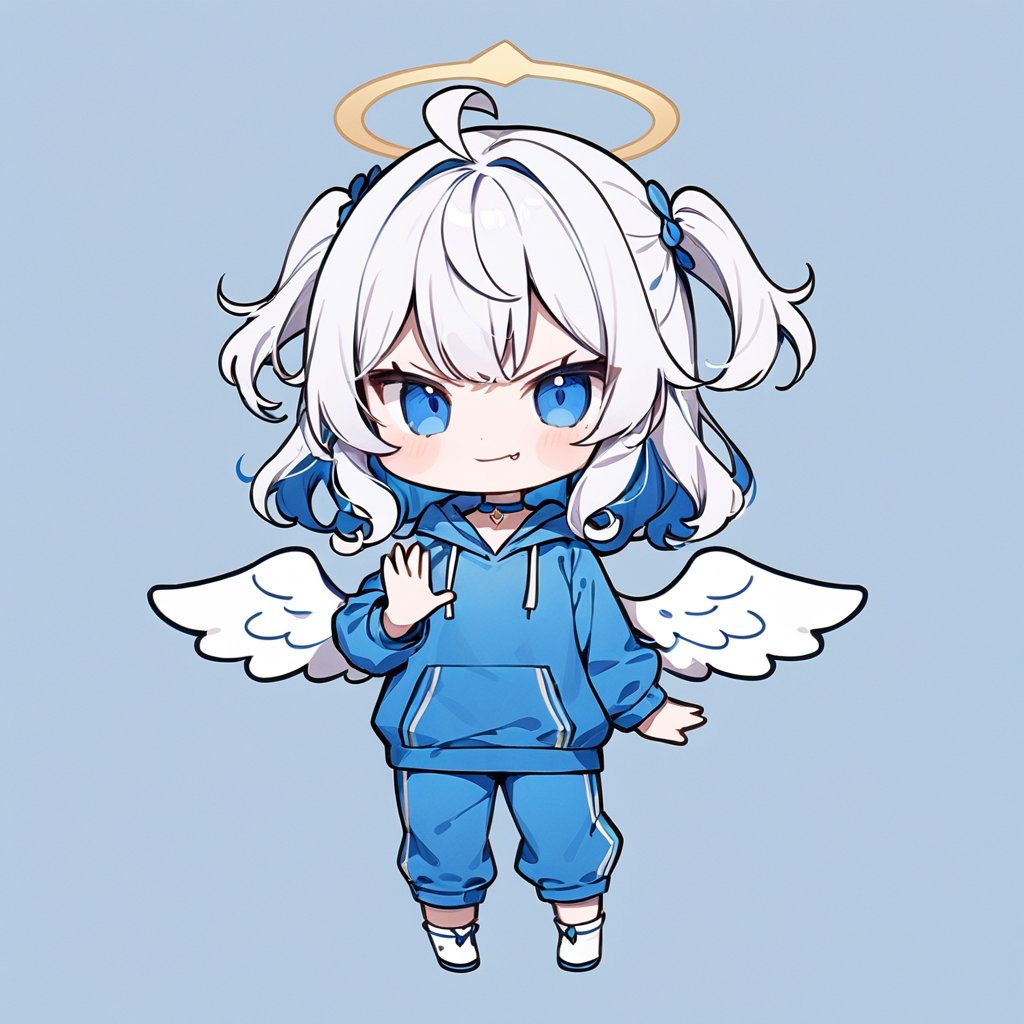 (chibi:1.3), masterpiece, made by a master, 4k, perfect anatomy, perfect details, best quality, high quality, lots of detail.
(solo),1girl, ((angel)), ((white hair)), (long hair:1.3), (two side up), blue eyes,  (curly hair:1.2), (wavy hair), (hair curls), (bangs), (two side up), two ((blue)) hair ties on head, (Double golden halo on her head), choker, ((angel wings)), ahoge, fang, (Blue long sleeve hooded top), ((hood up)), ((put on hood)), Blue pants, white socks, single, slightly angry, (evil smile), (one hand raised), (full body) ,Emote Chibi. cute comic,simple background, flat color, Cute girl,dal,Chibi Style,lineart,