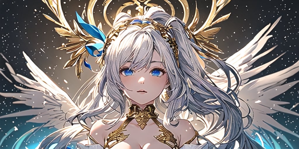 masterpiece, best quality, highres, kta1,1girl, angel, white hair, long curly hair, blue eyes, two blue ribbons on her hair, (Double golden halo on her head), angel wings, ponytail, detached sleeves, cleavage, jewelry, bare shoulders, medium breasts, tabi, japanese clothes, detached collar,portrait,perfect light