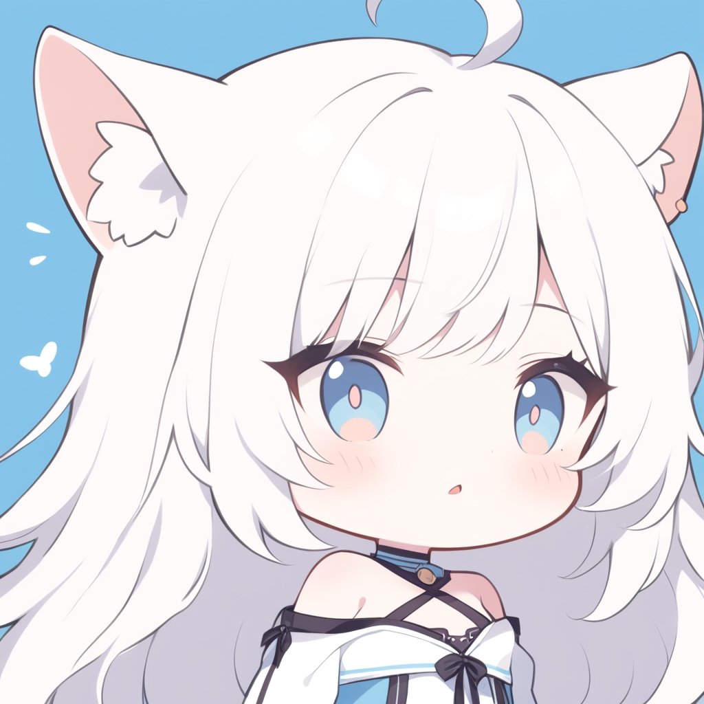 (chibi style), {{{masterpiece}}}, {{{best quality}}}, {{ultra-detailed}}, {beautiful detailed eyes},1girl, solo,  ((white hair)), very long hair, blue eyes, (straight hair), (bangs), animal ears, (stoat ears:1.2), Choker, ahoge, fangs, (big stoat Tail:1.2), (X hairpin), (White sleeveless collared dress, blue chest bow), (black hooded oversized jacket:1.2), (Off the shoulders), O_O, ((punching viewer)), upper body,chibi emote style,chibi,emote,cute comic