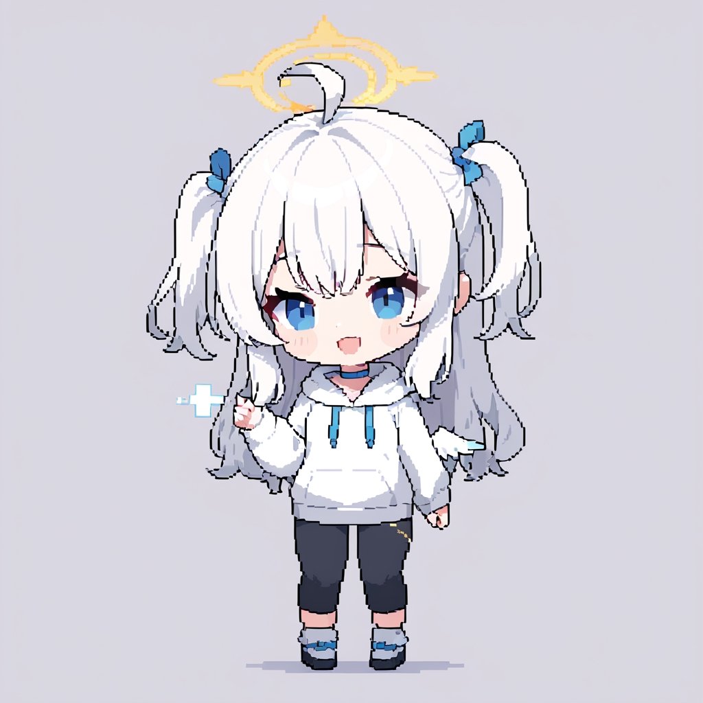 (chibi:1.3), masterpiece, made by a master, 4k, perfect anatomy, perfect details, best quality, high quality, lots of detail.
(solo),1girl, ((angel)), ((white hair)), (long hair:1.1), (two side up:1.2), blue eyes, (wavy hair), (hair curls), (bangs), two ((blue)) hair ties on head, (Double golden halo on her head), choker, ((angel wings)), ahoge, laughing, (white long sleeve hooded top), black pants, white socks, single, open mouth, (full body) ,Emote Chibi. cute comic, flat color, Cute girl,Chibi Style,(pixel art),16 bit,Pixel art,32 bit