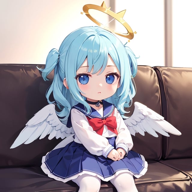  chibi, masterpiece, best quality,1girl, angel, white hair, long curly hair, (two side up),blue eyes, (two blue ribbons on her hair), (Double golden halo on her head), choker, angel wings,leaf on head, ahoge,blue school uniform,sailor collar,long sleeves,pleated skirt,white pantyhose,
,masterpiece