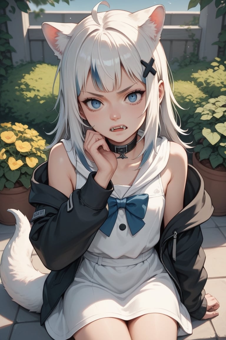 score_9, score_8_up, score_7_up, score_6_up, source anime, 1girl, solo,  ((white hair)), very long hair, blue eyes, (straight hair), (bangs), animal ears, (stoat ears:1.2), Choker, ahoge, fangs, 
(big stoat Tail:1.2), (X hairpin), (White sleeveless collared dress, blue chest bow), (black hooded oversized jacket:1.2), (Off the shoulders), vinpitm,annoyed,pov,hand on another chin,garden,aesthetic