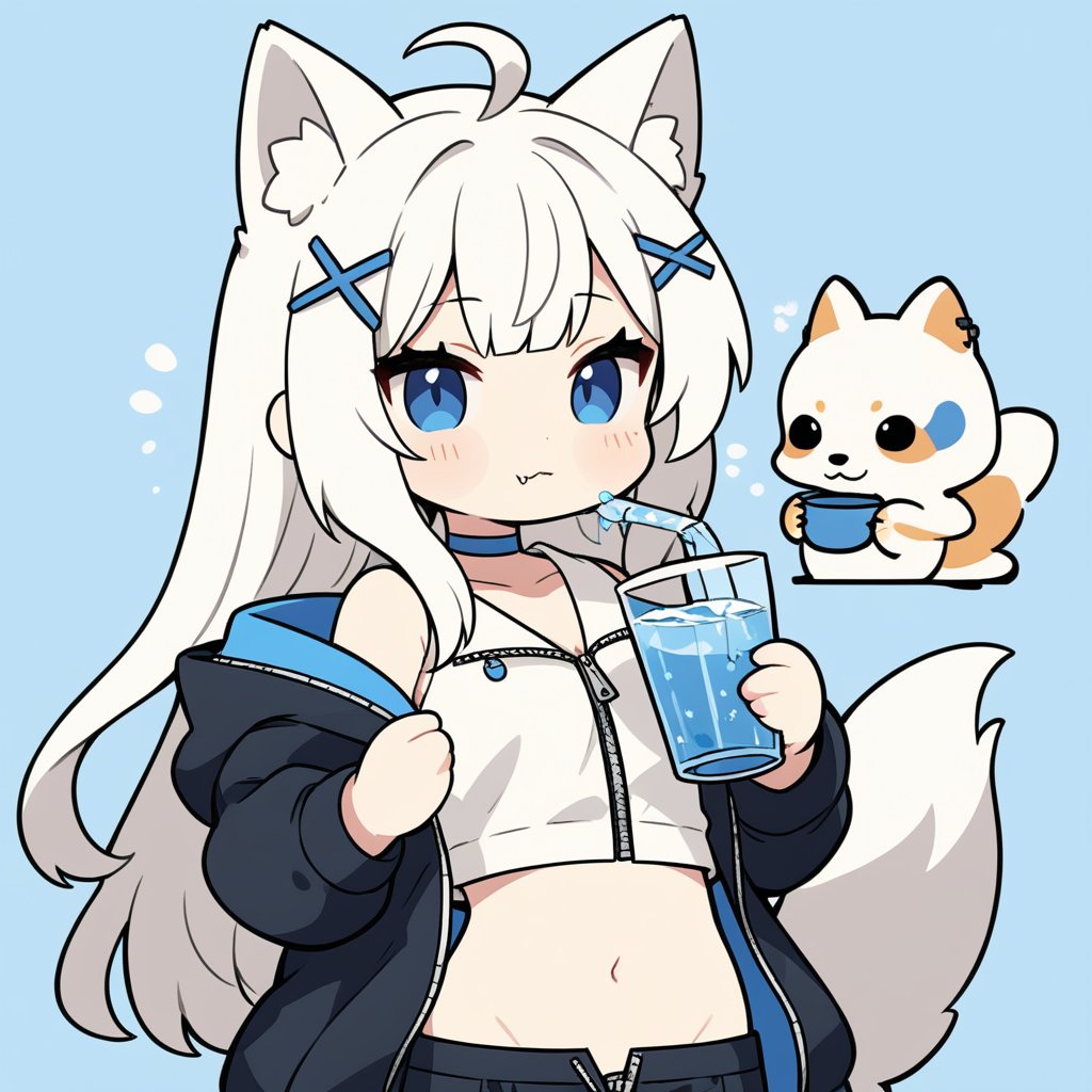 (chibi:1.3), masterpiece, made by a master, 4k, perfect anatomy, perfect details, best quality, high quality, lots of detail.
(solo),1girl, ((stoat girl)), solo,  ((white hair)), very long hair, blue eyes, (straight hair), (bangs), animal ears, (stoat ears:1.2), Choker, ahoge, cute_fang, (big Fox Tail:1.2), (blue X hairpin), (White collared sleeveless top, (midriff), blue chest bow), (black hooded oversized jacket:1.2), (jacket zipper half unzipped), (black short pants) (Off the shoulders), single, ((drinking water a big cup)), (((upper body))) ,Emote Chibi. cute comic,simple background, flat color, Cute girl,dal,Chibi Style,lineart,comic book,chibi emote style,chibi