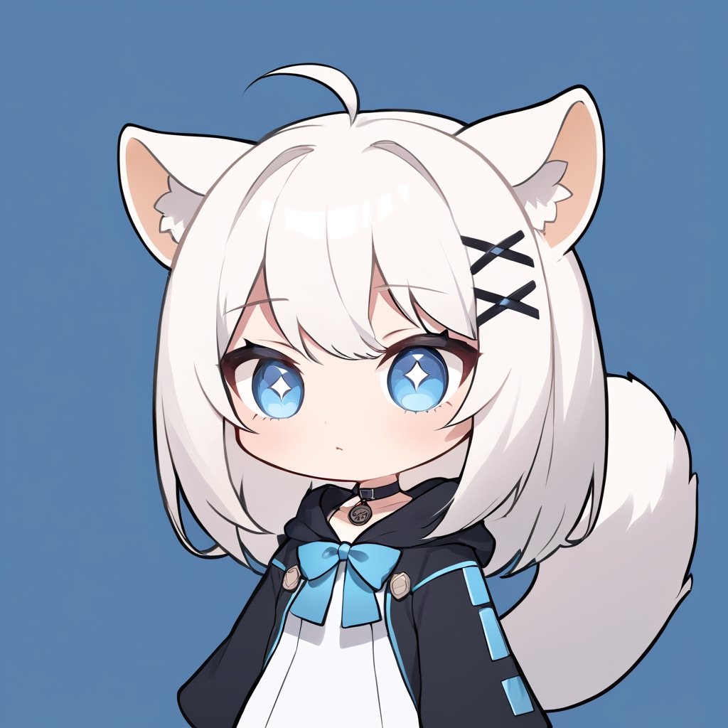 (chibi style), {{{masterpiece}}}, {{{best quality}}}, {{ultra-detailed}}, {beautiful detailed eyes},1girl, solo,  ((white hair)), very long hair, blue eyes, (straight hair), (bangs), animal ears, (stoat ears:1.2), Choker, ahoge, fangs, (big stoat Tail:1.2), (X hairpin), (White sleeveless collared dress, blue chest bow), (black hooded oversized jacket:1.2), (Off the shoulders), ((closed eyes:1.2)), (T.T), (closed mouth), upper body,chibi emote style,chibi,emote, cute,