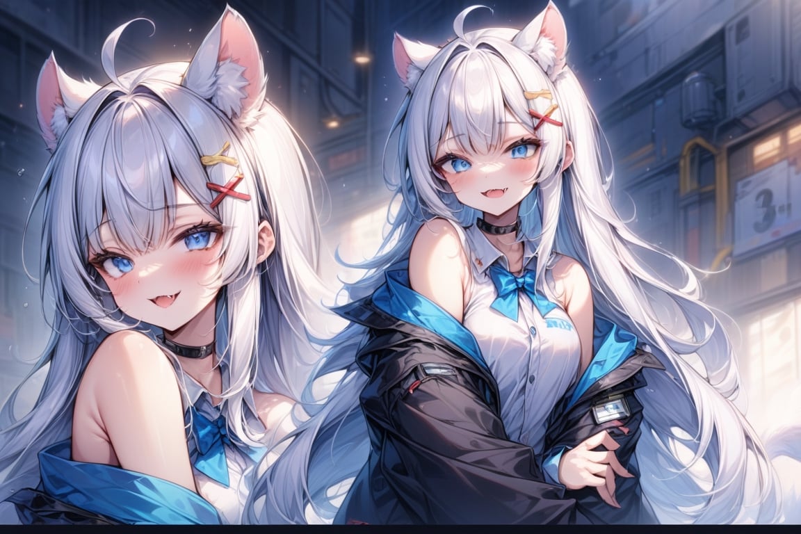 score_9, score_8_up, score_7_up, masterpiece, insane detail, 4k, source_anime, 1girl, solo,  ((white hair)), very long hair, blue eyes, (straight hair), (bangs), animal ears, (stoat ears:1.2), Choker, ahoge, fangs, (big stoat Tail:1.2), (X hairpin), (White sleeveless collared dress, blue chest bow), (black hooded oversized jacket:1.2), (Off the shoulders), 
, shaded face, light white hair, long hair, ahoge, wide smile, 