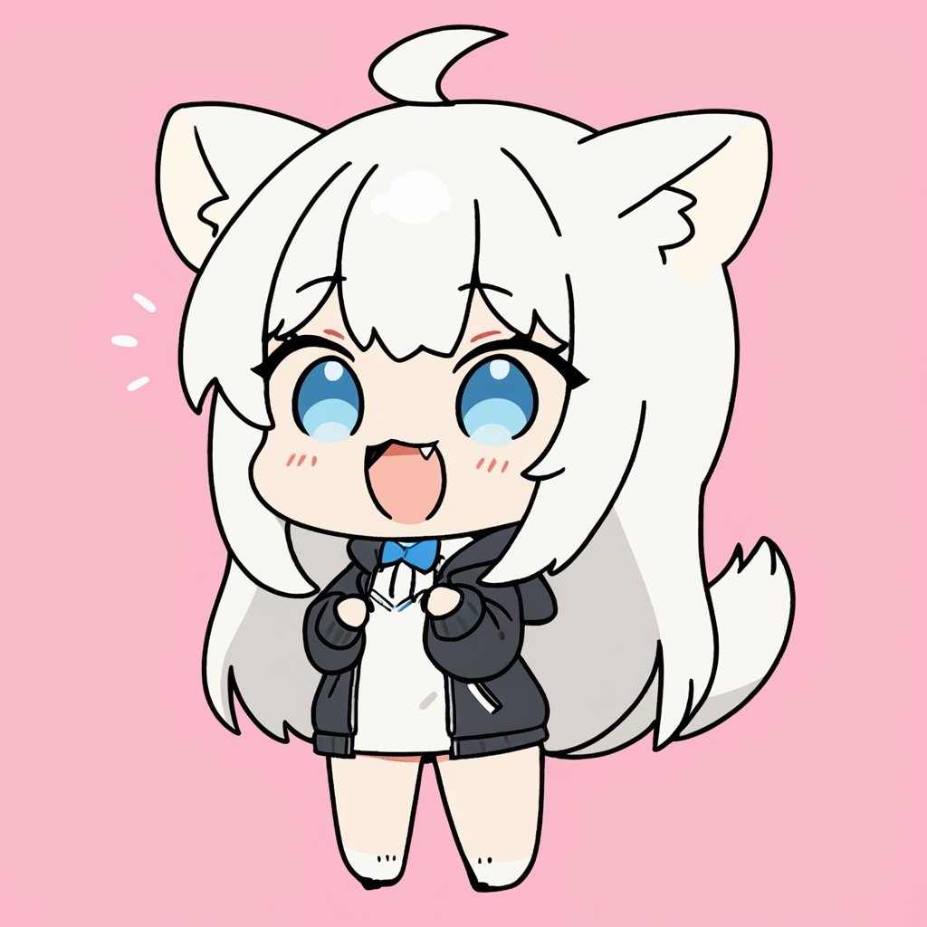 chibi, masterpiece, made by a master, 4k, perfect anatomy, perfect details, best quality, high quality, lots of detail.
(solo),1girl, ((white hair)), very long hair, blue eyes, (straight hair), (bangs), animal ears, (stoat ears:1.2), ahoge, fang, (big stoat Tail:1.2), (White sleeveless two piece dress, blue chest bow), (black hooded jacket:1.2), fighting with a rabbit, single, looking at viewer, (happy), (chuckle), (full body) ,Emote Chibi. cute comic,simple background, flat color, Cute girl,Chibi Style,chibi emote style,cute