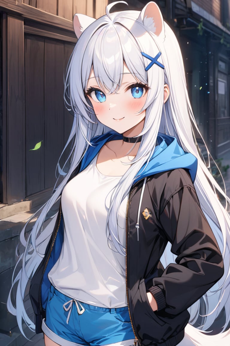 1girl, stoat girl, solo,  ((white hair)), very long hair, blue eyes, (straight hair), (bangs), animal ears, (stoat ears:1.2),
 Choker, ahoge, yaeba, (big white stoat Tail:1.2), (blue X hairpin),  solo, looking at viewer, blush, smile, bangs, blue eyes, shirt, thighhighs, long sleeves, standing, jacket, White collared sleeveless top, ahoge, multicolored hair, open clothes, shorts, black thighhighs, hood, open jacket, short shorts, hood down, black jacket, hooded jacket, blue shorts, hand in pocket,Beautiful eyes