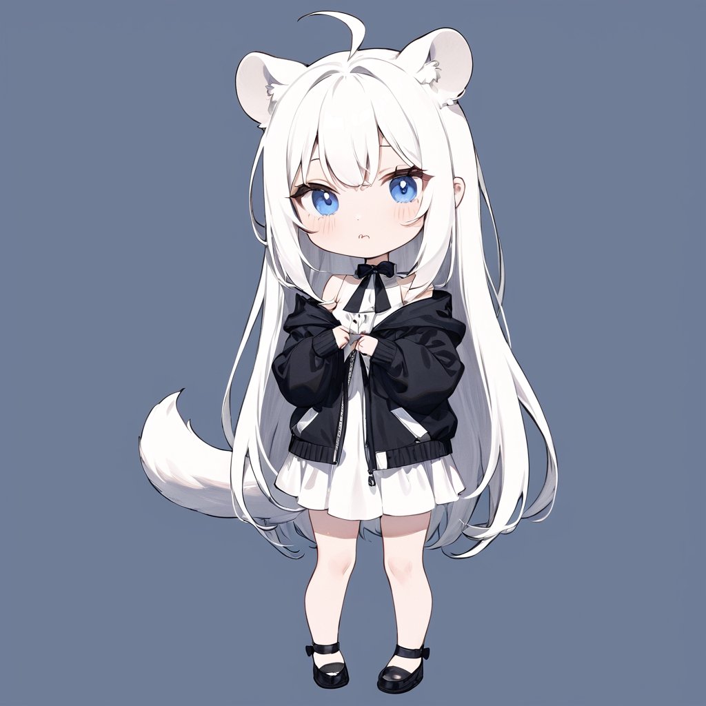 chibi, masterpiece, made by a master, 4k, perfect anatomy, perfect details, best quality, high quality, lots of detail.
(solo),1girl, ((white hair)), very long hair, blue eyes, (straight hair), (bangs), (stoat ears:1.2), ahoge, fangs, (stoat Tail:1.2)(White sleeveless dress, chest bow), (black hooded jacket), (Off the shoulders), single, looking at viewer, (flat face), (poker face), (full body) ,Emote Chibi. cute comic,simple background, flat color, Cute girl,Chibi Style,