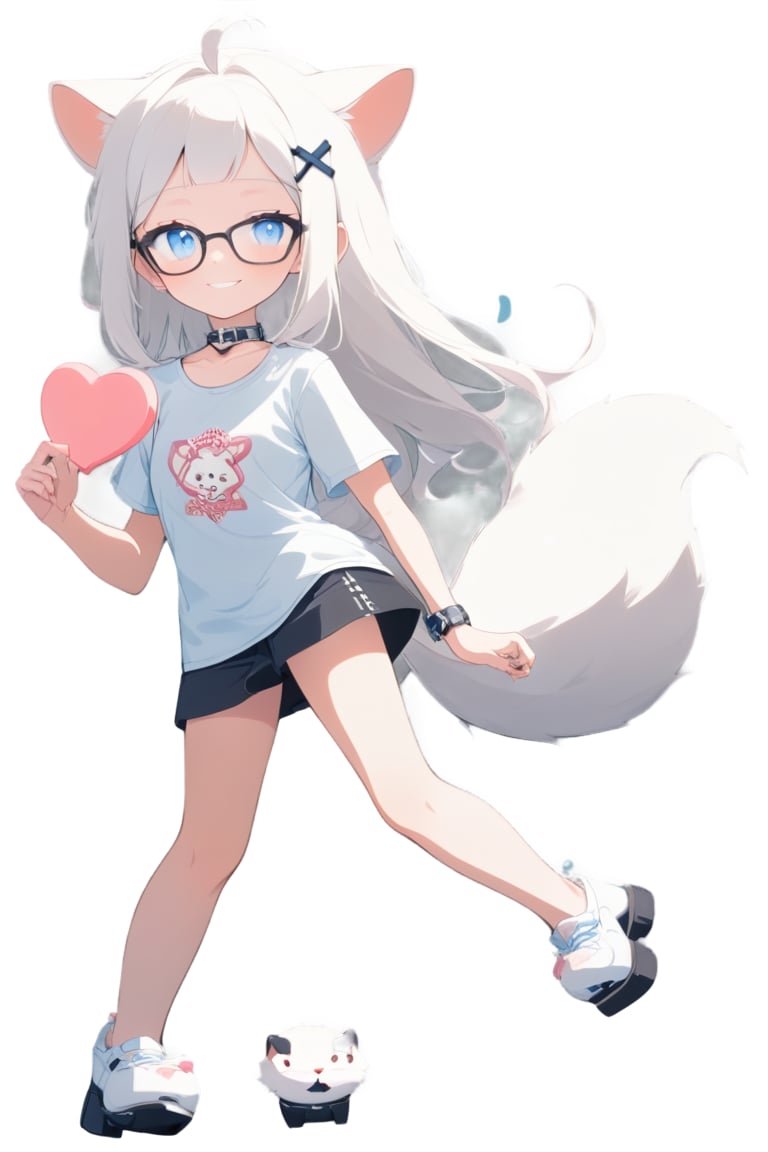 1girl, stoat girl, solo,  ((white hair)), very long hair, blue eyes, (straight hair), (bangs), animal ears, (stoat ears:1.2),
 Choker, ahoge, yaeba, (big white stoat Tail:1.2), (blue X hairpin), hold, holding pink heart, cartoon tshirt, white tshirt, square glasses, glasses, collar, collar with chain, hair covering one eye, looking at the camera, little smile