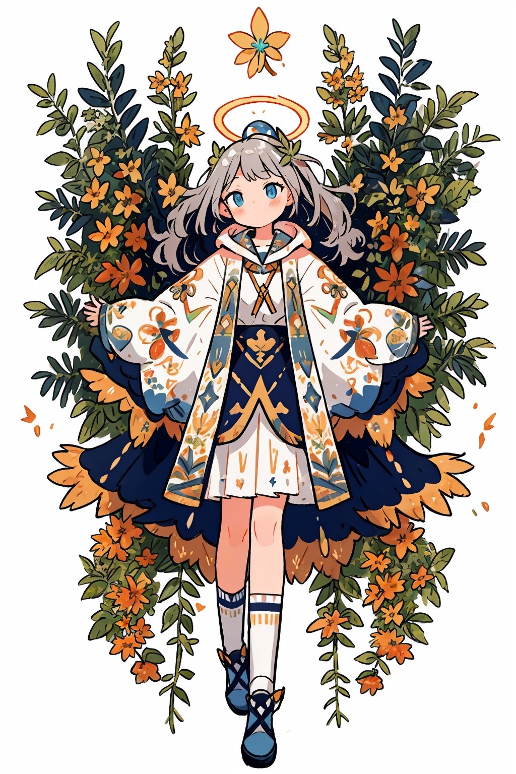 ((Botanical art white background)), 
1 girl, (chubby:0.45), 
angel, with sliver long curly hair, blue eyes, two blue ribbons on her hair, (Double golden halo on her head), angel wings, blouse, Hooded T-shirt, skirt, knee high socks, boots,  (smile:0.6), Autumn, 
lots of maple leaves and snows with red leaves,
medium breasts, (squatted down:0.75), 
(spread the legs:0.6)
,cartoon