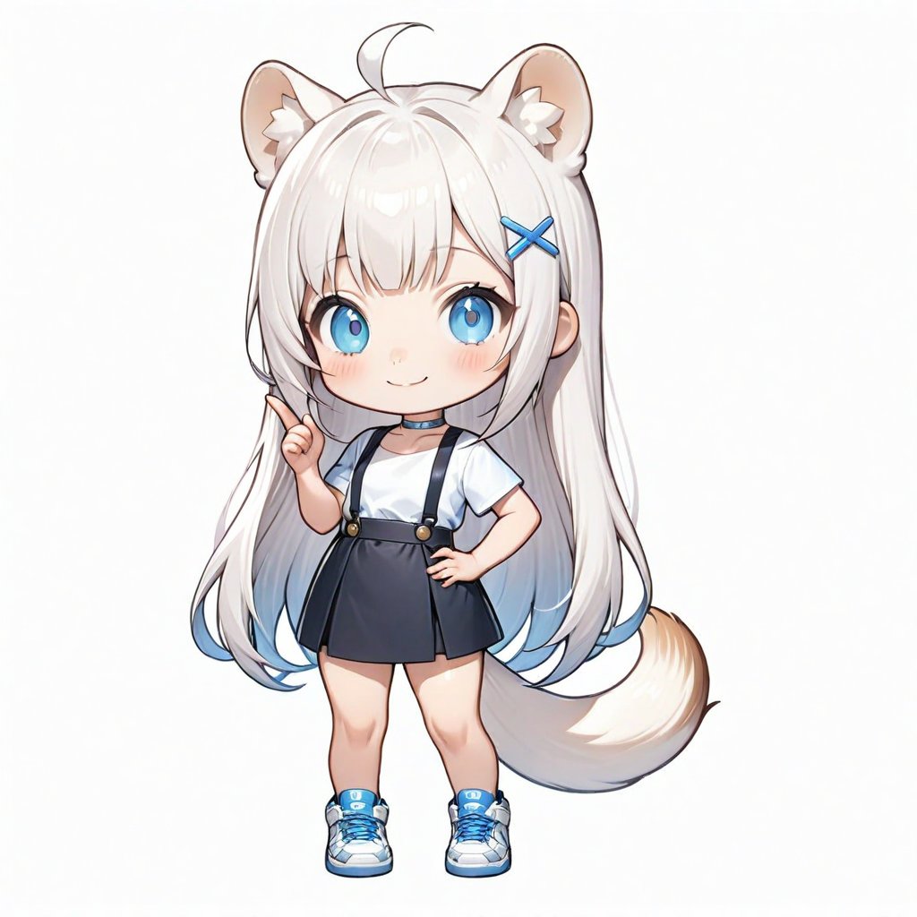 1girl, stoat girl, solo,  ((white hair)), very long hair, blue eyes, (straight hair), (bangs), animal ears, (stoat ears:1.2),
 Choker, ahoge, yaeba, (big white stoat Tail:1.2), (blue X hairpin), solo, long hair, looking at viewer, sticker image, blush, smile, bangs, blue eyes, skirt, simple background, shirt, white background, bow, animal ears, twintails, very long hair, closed mouth, standing, tail, full body, white shirt, short sleeves, shoes, hand up, chibi, animal ear fluff, hand on hip, black shorts, white footwear, suspenders, sneakers, index finger raised, extra ears, suspender skirt