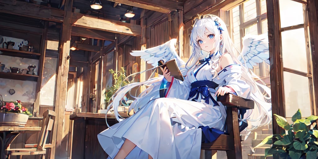  (Best Picture Quality, High Quality, Best Picture Score: 1.3), , Perfect Beauty Score: 1.5, long hair, 1 angel girl, (solo), ((white hair)), (long curly hair), blue eyes, ((two blue ribbons on her hair)), (Double golden halo on her head), (angel wings), (cute outfit), glasses, Wearing Japanese maid outfit, reading, (In a Japanese cafe), (full_body), beautiful, cute, masterpiece, best quality,perfect light,