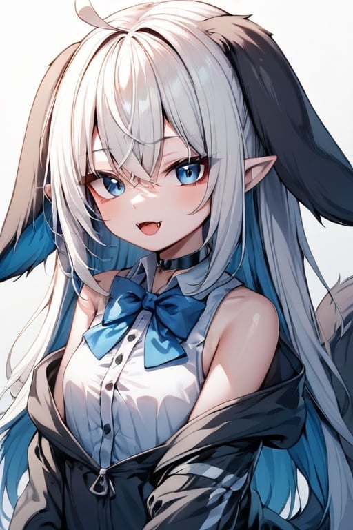 1girl, solo,  ((white hair)), very long hair, blue eyes, (straight hair), (bangs), animal ears, (stoat ears:1.2), Choker, ahoge, fangs, (big stoat Tail:1.2), 
(White sleeveless collared dress, blue chest bow), (black hooded oversized jacket:1.2), (Off the shoulders), looking at viewer, simple background, shirt,, white background, upper body,female ,girl 