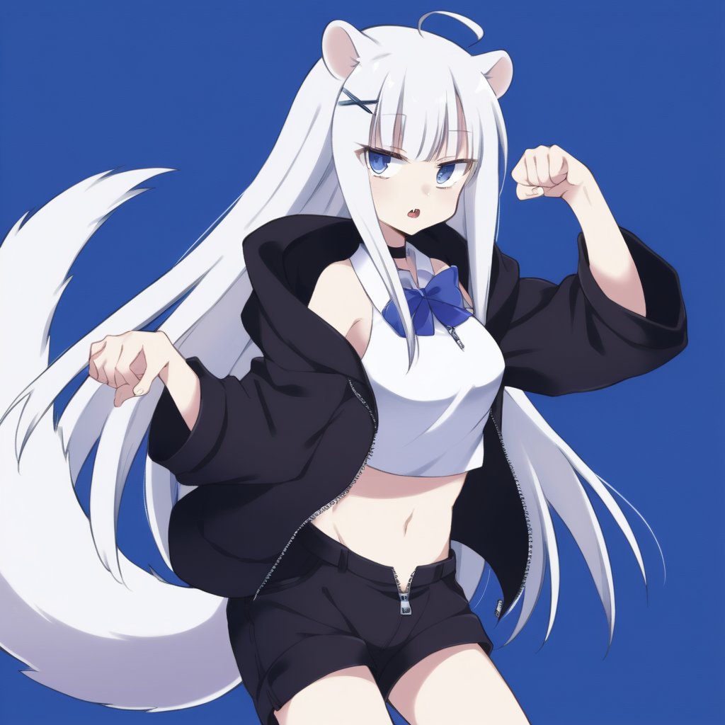 1girl, stoat girl, solo,  ((white hair)), very long hair, blue eyes, (straight hair), (bangs), animal ears, (stoat ears:1.2),
 Choker, ahoge, fangs, (big stoat Tail:1.2), (blue X hairpin), (White collared sleeveless top, (midriff), blue chest bow), 
(black hooded oversized jacket:1.2), (jacket zipper half unzipped), (black short pants) (Off the shoulders), anime, fightng pose,Anime Style.,kawaii,rm0g3r4