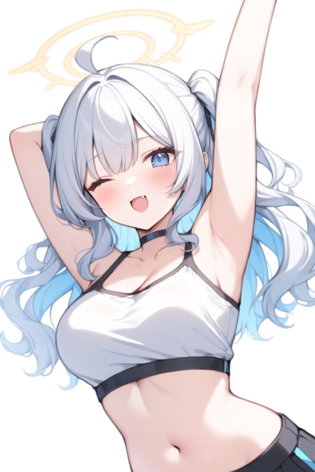 1girl, angel, white hair, long curly hair, (two side up), blue eyes,  (curly hair:1.2), (wavy hair), (hair curls)
, (bangs), (two side up), two blue hair ties on head, (Double golden halo on her head), bowtie choker, angel wings, ahoge, fang, solo, breasts, looking at viewer, blush, bangs, simple background, hair ornament, white background, navel, cleavage, medium breasts, collarbone, jacket, upper body, multicolored hair, one eye closed, midriff, wearing white T-shirt, armpits, arms up, cropped torso, colored inner hair, stretching, black camisole, vivid color, masterpiece, best quality, amazing quality, very aesthetic, absurdres, depth of field, score_9, score_8, score_7, score_6,sexy girl,1girl,