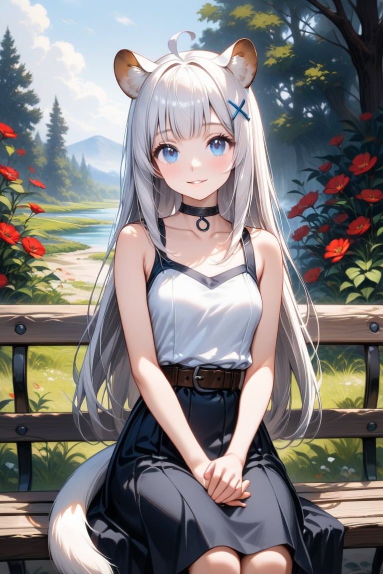 1girl, stoat girl, solo,  ((white hair)), very long hair, blue eyes, (straight hair), (bangs), animal ears, (stoat ears:1.2),
 Choker, ahoge, yaeba, (big white stoat Tail:1.2), (blue X hairpin), solo, breasts, looking at viewer, smile, bangs, skirt, bare shoulders, sitting, white shirt, flower, outdoors, parted lips, sleeveless, day, belt, sleeveless shirt, black skirt, red flower, bench, hands on lap, fine art parody, oil painting style,