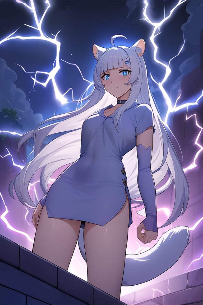 Front view, (score 9, score 8 up, score_7_up, source anime, (masterpiece), best quality, expressive eyes, perfect face, (masterpiece), best quality, expressive eyes, perfect face, at night, 1girl, stoat girl, solo,  ((white hair)), very long hair, blue eyes, (straight hair), (bangs), animal ears, (stoat ears:1.2),
 Choker, ahoge, yaeba, (big white stoat Tail:1.2), (blue X hairpin),, standing, eerily intense, if looks could kill, lightning arcing from her, powerful, on a roof top night time, electricity aura, tears, eyes glowing, taking an action stance, ready to fight