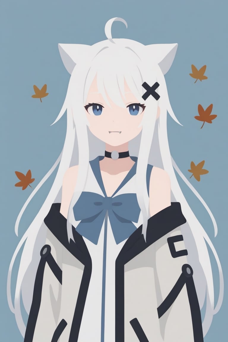 score_9, score_8_up, score_7_up, Minimalstyle, 1girl, solo,  ((white hair)), very long hair, blue eyes, (straight hair), (bangs), animal ears, (stoat ears:1.2), Choker, ahoge, fangs, (big stoat Tail:1.2), (X hairpin), (White sleeveless collared dress, blue chest bow), (black hooded oversized jacket:1.2), (Off the shoulders) ,simple, faceless female, beautiful, extremely detailed, vector, headshot,falling leaves,minimalstyle,score_6_up