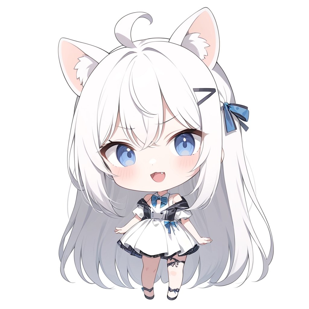 chibi, masterpiece, made by a master, 4k, perfect anatomy, perfect details, best quality, high quality, lots of detail.
(solo),1girl, ((white hair)), very long hair, (bunny hairpin:1.2), blue eyes, (straight hair), (bangs), (stoat ears:1.2), ahoge, fangs, (stoat Tail:1.2), (White sleeveless dress, blue chest bow), (black hooded jacket), (Off the shoulders), single, looking at viewer, (slightly angry), (chuckle), (full body) ,Emote Chibi. cute comic,simple background, flat color, Cute girl,Chibi Style,