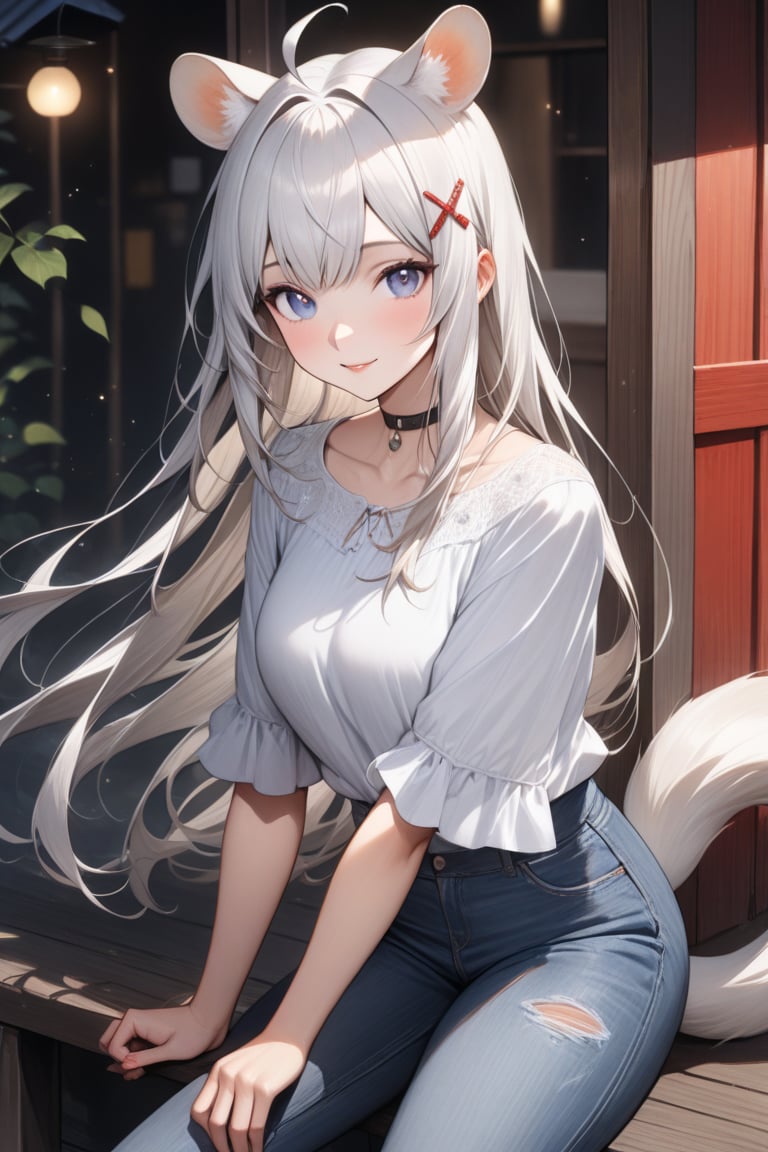 1girl, stoat girl, solo,  ((white hair)), very long hair, blue eyes, (straight hair), (bangs), animal ears, (stoat ears:1.2),
 Choker, ahoge, yaeba, (big white stoat Tail:1.2), (blue X hairpin), very beautiful girl, casual outfit (blouse, jeans, sneakers), Kyoto, watercolor splashes, masterpiece quality, stunning image, masterpiece, 8K, stunning image, light particles, attractive image, reflections, watercolor \(medium\)