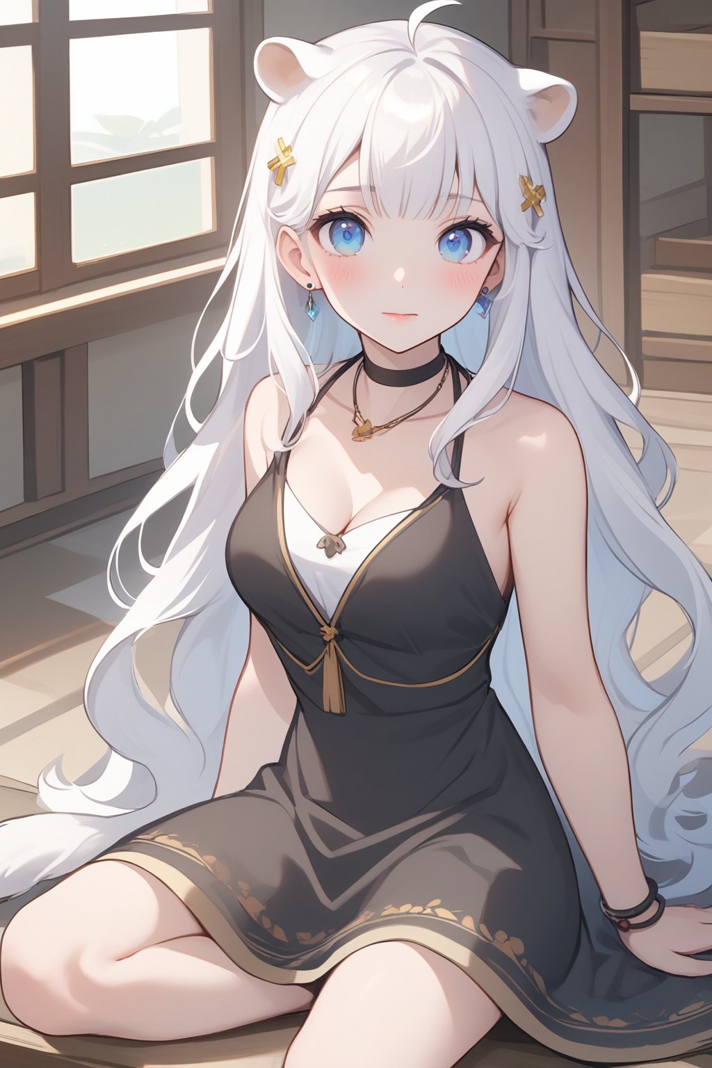 1girl, stoat girl, solo,  ((white hair)), very long hair, blue eyes, (straight hair), (bangs), animal ears, (stoat ears:1.2),
 Choker, ahoge, yaeba, (big stoat Tail:1.2), (blue X hairpin), solo, long hair, breasts, looking at viewer, blush, bangs, blue eyes, hair ornament, dress, ribbon, cleavage, bare shoulders, jewelry, medium breasts, sitting, very long hair, closed mouth, collarbone, earrings, sleeveless, indoors, necklace, black dress, bracelet, sleeveless dress, arm support, wavy hair,Cute Anime