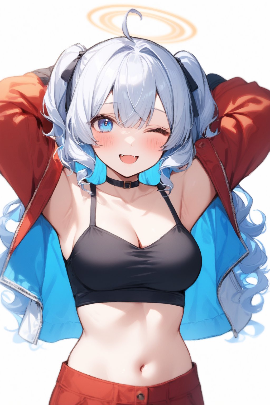 1girl, angel, white hair, long curly hair, (two side up), blue eyes,  (curly hair:1.2), (wavy hair), (hair curls)
, (bangs), (two side up), two blue hair ties on head, (Double golden halo on her head), bowtie choker, angel wings, ahoge, fang, solo, breasts, looking at viewer, blush, bangs, simple background, hair ornament, white background, navel, cleavage, medium breasts, collarbone, jacket, upper body, multicolored hair, one eye closed, midriff, wearing white T-shirt, armpits, arms up, cropped torso, colored inner hair, stretching, black camisole, vivid color, masterpiece, best quality, amazing quality, very aesthetic, absurdres, depth of field, score_9, score_8, score_7, score_6,sexy girl,1girl,