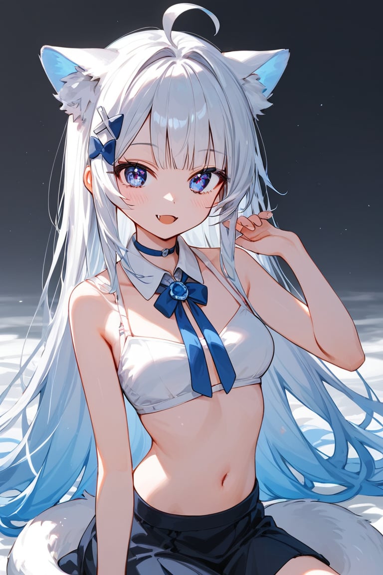 (score_9, score_8_up, score_7_up), 1girl, stoat girl, solo,  ((white hair)), very long hair, blue eyes, (straight hair), (bangs), animal ears, (stoat ears:1.2),
 Choker, ahoge, fangs, (big stoat Tail:1.2), (blue X hairpin), (White collared sleeveless top, (midriff), blue chest bow), dress, long hair, smile, solo, (medium breasts:2), white hair, black dress, looking at viewer, breasts, bare shoulders, sidelocks, collarbone, blush, sitting, purple eyes, blue eyes, beautiful eyes, (petite:2), blunt bangs, gradient hair, 