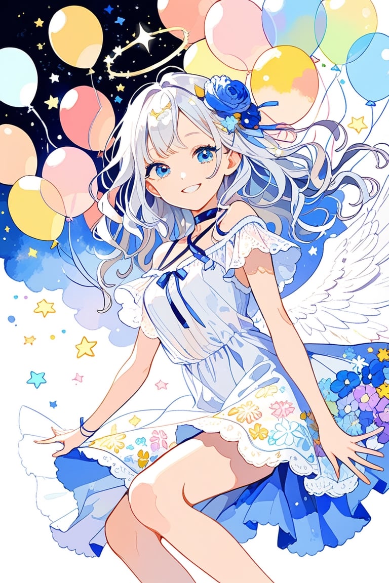 //quality
masterpiece, best quality, aesthetic, 
//Character
1girl, angel, white hair, long curly hair, two side up, blue eyes, two blue ribbons on her hair, (Double golden halo on her head), choker, angel wings, glossy lips, (beautiful and detailed eyes:1.1), big eyes, (medium breasts:1.1), (smirk:1.2), 
//Fashion
A girl with a light blue ribbon tied in her hair is wearing a fluffy and cute dress. The dress is white and blue with floral patterns, and the skirt is spread out to the knees. A ribbon of the same color as the light blue ribbon is decorated on the chest of the dress. The girl has a shy smile on her face and poses for the camera. Her eyes sparkle and her happy expression is impressive. The girl's illustration makes you feel a bright and gentle atmosphere.

Behind the girl, there is a colorful and fun background. Colorful balloons, flowers, stars, and hearts are floating in the sky. The colors of the background match the girl's dress and ribbon, enhancing the gorgeousness and cuteness. 
//Background 
(watercolor:0.6), dynamic pose, dynamic angle, 