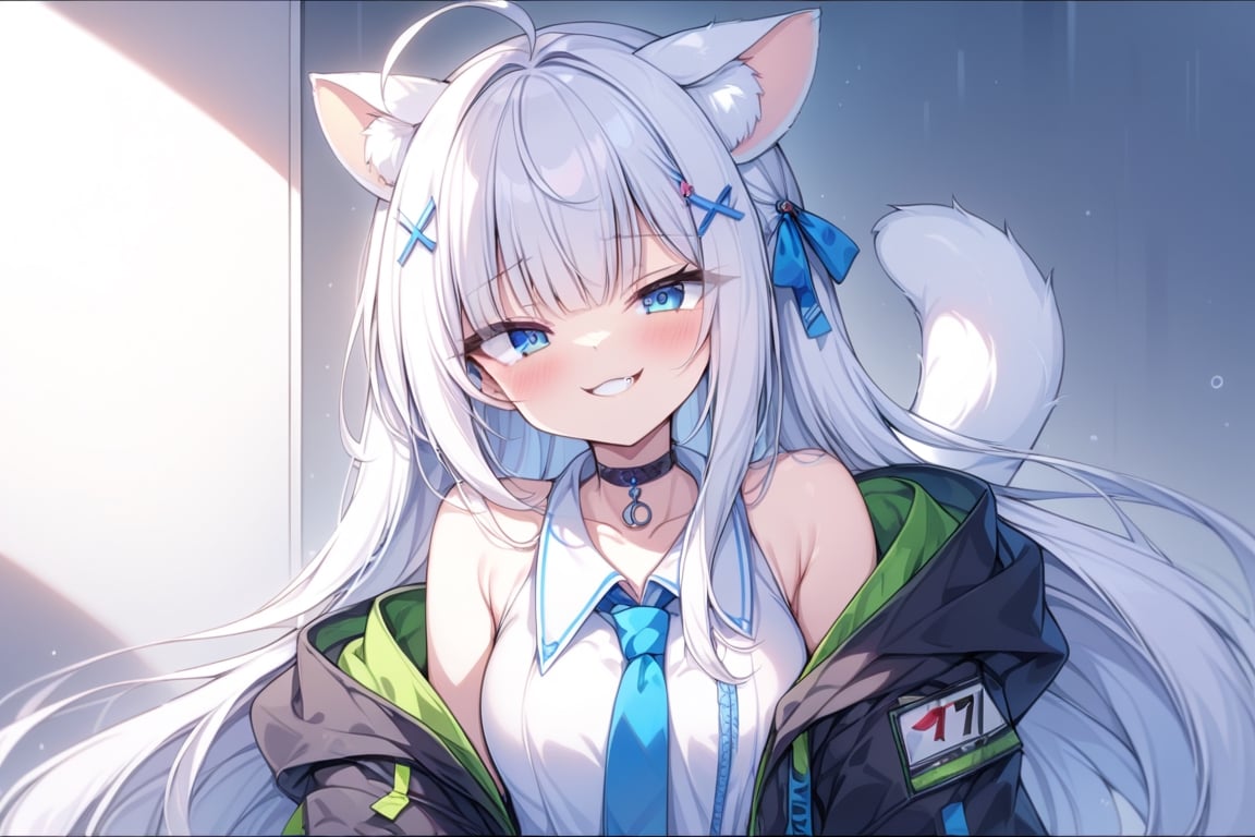 score_9, score_8_up, score_7_up, masterpiece, insane detail, 4k, source_anime, 1girl, solo,  ((white hair)), very long hair, blue eyes, (straight hair), (bangs), animal ears, (stoat ears:1.2), Choker, ahoge, fangs, (big stoat Tail:1.2), (X hairpin), (White sleeveless collared dress, blue chest bow), (black hooded oversized jacket:1.2), (Off the shoulders), 
, shaded face, light white hair, long hair, ahoge, wide smile, 