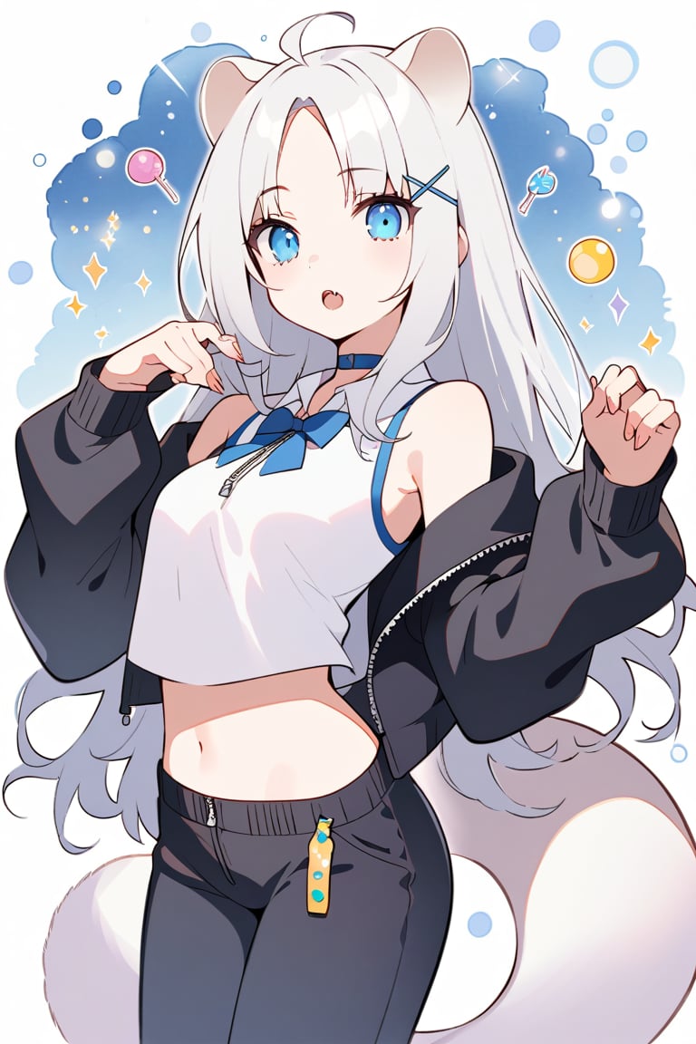 (finely best quality illustration:1.2), (kawaii girl:1.1), (1girl, solo:1), coquettish skin, stoat girl, solo,  ((white hair)), very long hair, blue eyes, (straight hair), (bangs), animal ears, (stoat ears:1.2),
 Choker, ahoge, fangs, (big stoat Tail:1.2), (blue X hairpin), (White collared sleeveless top, (midriff), blue chest bow), 
(black hooded oversized jacket:1.2), (jacket zipper half unzipped), (black short pants) (Off the shoulders),
silver hair, wavy hair, hair,

pop, candy, kawaii, watercolor medium, dramatic angle,  lowing long hair, parted bangs, grey hair, flowery bubbles, the bottom of the bottle background, sparkle, 