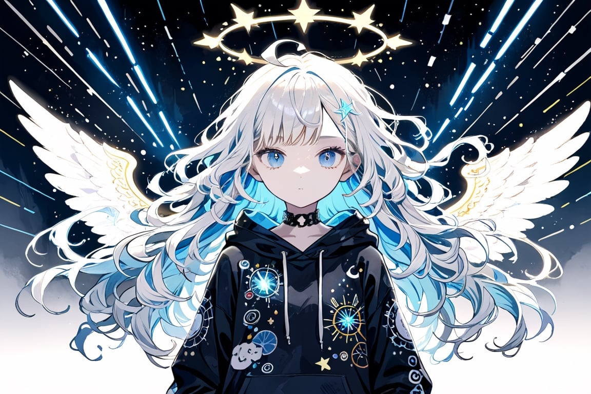 1girl, angel, white hair, long curly hair, (two side up), blue eyes,  (curly hair:1.2), (wavy hair), (hair curls)
, (bangs), (two side up), two blue hair ties on head, (Double golden halo on her head), choker, angel wings, ahoge, A trendy girl,neon hoodie,cybernetic illuminations,masterpiece, best quality,  aethetic,Waist-up view,more detail XL