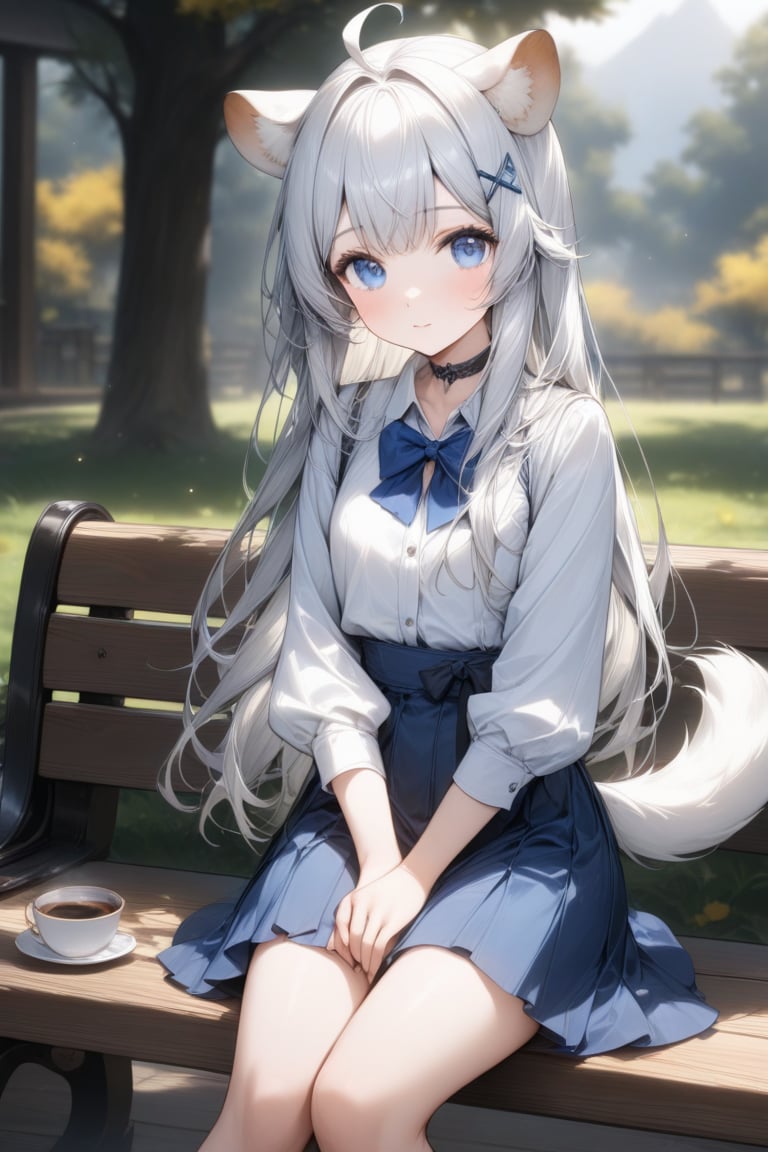 1girl, stoat girl, solo,  ((white hair)), very long hair, blue eyes, (straight hair), (bangs), animal ears, (stoat ears:1.2),
 Choker, ahoge, yaeba, (big white stoat Tail:1.2), (blue X hairpin), An animated animated girl with blue eyes is sitting on a wooden bench. She is wearing a short blue skirt with a white shirt and a blue bow tie. There is a small white cup of coffee on the bench in front of her. Behind her is a green lawn with small white flowers on it. A tree with yellow leaves is on the left side of the bench. Behind the tree is a wooden door with a black handle. Blurry background, detailed image, detailed skin, stunning image, 8k, proffesional style, luxurious room in background, ((masterpiece: 1.2)), light particles. Masterpiece, stunning image, professional style