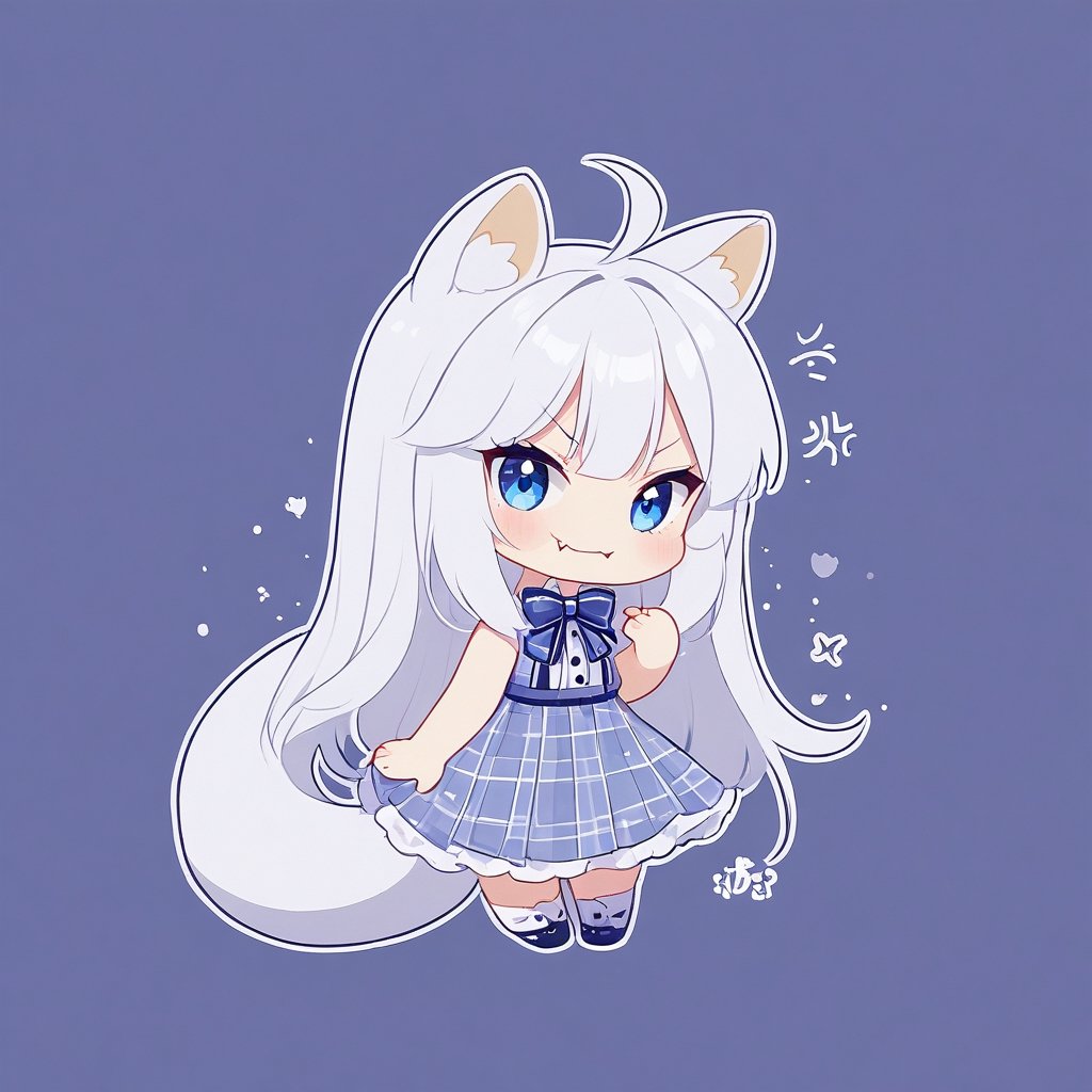 chibi, masterpiece, made by a master, 4k, perfect anatomy, perfect details, best quality, high quality, lots of detail.
(solo),1girl, ((white hair)), very long hair, blue eyes, (straight hair), (bangs), (stoat ears:1.2), ahoge, fang, (big stoat Tail:1.2), (plaid dress, chest bow), eating food, single, looking at viewer, (slightly angry), (chuckle), (full body) ,Emote Chibi. cute comic,simple background, flat color, Cute girl,Chibi Style,