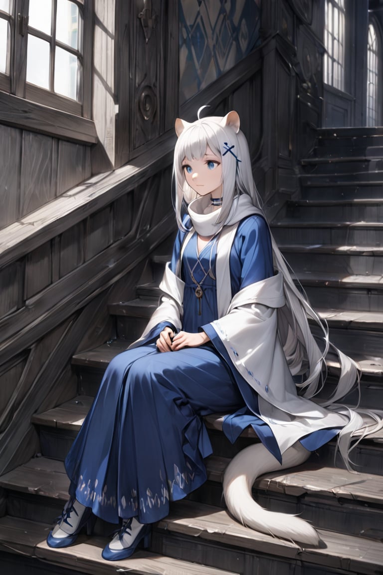 1girl, stoat girl, solo,  ((white hair)), very long hair, blue eyes, (straight hair), (bangs), animal ears, (stoat ears:1.2),
 Choker, ahoge, yaeba, (big white stoat Tail:1.2), (blue X hairpin), An animated image of a woman in a blue dress sitting on a set of stairs. The woman has long hair and blue eyes. She is wearing a white scarf around her neck. The stairs she is sitting on are made of gray wood. There is a window to the left of the woman. The wall behind the woman  has a design on it.