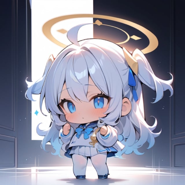  chibi, masterpiece, best quality,1girl, angel, (white hair), long curly hair, (two side up),blue eyes, (two blue ribbons on her hair), ((Double golden halo on her head)), choker, angel wings, ahoge,blue school uniform,sailor collar,long sleeves,pleated skirt,white pantyhose,
,masterpiece