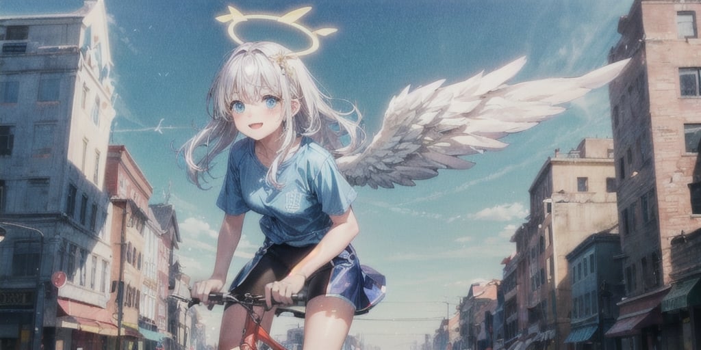  (Best Picture Quality, High Quality, Best Picture Score: 1.3), , Perfect Beauty Score: 1.5, long hair, 1 angel girl, (solo), ((white hair)), (long curly hair), blue eyes, ((two blue ribbons on her hair)), (Double golden halo on her head), (angel wings), (cute outfit), wearing short sleeve, cute smile, Riding a bicycle on the road, background is The sky , beautiful, cute, masterpiece, best quality,perfect light