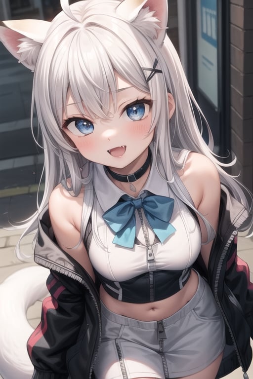 masterpiece, best quality, laplace, 1girl, solo,  ((white hair)), very long hair, blue eyes, (straight hair), (bangs), animal ears, (stoat ears:1.2), Choker, ahoge, fangs, (big stoat Tail:1.2), (blue X hairpin), (White sleeveless collared dress, (midriff), blue chest bow), (black hooded oversized jacket:1.2), (jacket zipper half unzipped), (Off the shoulders), lolita, smile, leaning forward, city street, close-up , from above, look up,yaeba,anime,green theme