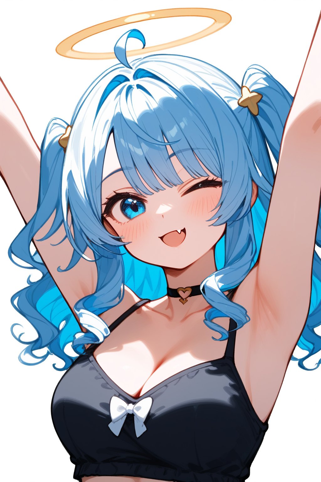 1girl, angel, white hair, long curly hair, (two side up), blue eyes,  (curly hair:1.2), (wavy hair), (hair curls)
, (bangs), (two side up), two blue hair ties on head, (Double golden halo on her head), bowtie choker, angel wings, ahoge, fang, solo, breasts, looking at viewer, blush, bangs, simple background, hair ornament, white background, navel, cleavage, medium breasts, collarbone, jacket, upper body, multicolored hair, one eye closed, midriff, virtual youtuber, hood, medium hair, armpits, arms up, camisole, cropped torso, colored inner hair, stretching, black camisole, vivid color, masterpiece, best quality, amazing quality, very aesthetic, absurdres, depth of field, score_9, score_8, score_7, score_6,sexy girl,1girl