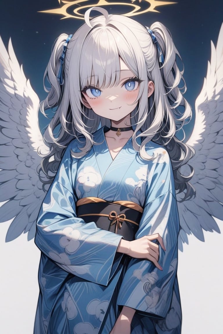  {{{masterpiece}}}, {{{best quality}}}, {{ultra-detailed}}, {beautiful detailed eyes}, 1girl, solo, angel, white hair, long curly hair, (two side up), blue eyes,  (curly hair:1.2), (wavy hair), (hair curls), (bangs), (two side up), two blue hair ties on head, (Double golden halo on her head), choker, angel wings, ahoge, fang,, (cute yukata, colorful yukata), smiling, Beautiful eyes,flat style