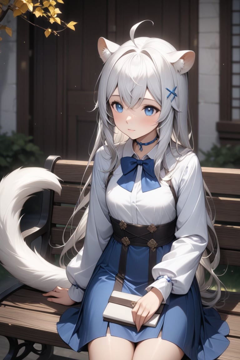 1girl, stoat girl, solo,  ((white hair)), very long hair, blue eyes, (straight hair), (bangs), animal ears, (stoat ears:1.2),
 Choker, ahoge, yaeba, (big white stoat Tail:1.2), (blue X hairpin), An animated animated girl with blue eyes is sitting on a wooden bench. She is wearing a short blue skirt with a white shirt and a blue bow tie. There is a small white cup of coffee on the bench in front of her. Behind her is a green lawn with small white flowers on it. A tree with yellow leaves is on the left side of the bench. Behind the tree is a wooden door with a black handle. Blurry background, detailed image, detailed skin, stunning image, 8k, proffesional style, luxurious room in background, ((masterpiece: 1.2)), light particles. Masterpiece, stunning image, professional style