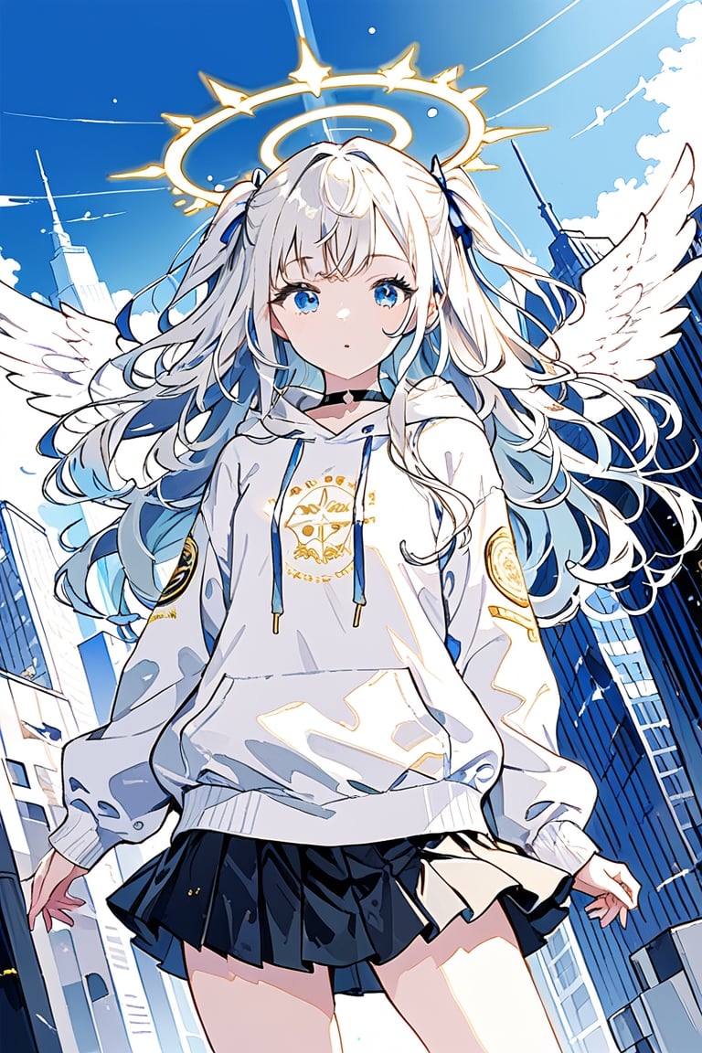 ultra detailed, masterpiece, best quality, 8k, high resolutionl, aesthetic, 1girl, angel, white hair, long curly hair, ((two side up)),blue eyes, two blue ribbons on her hair, (Double golden halo on her head), choker, angel wings, solid color hoodie jacket, short skirt, new york, detailed background, 