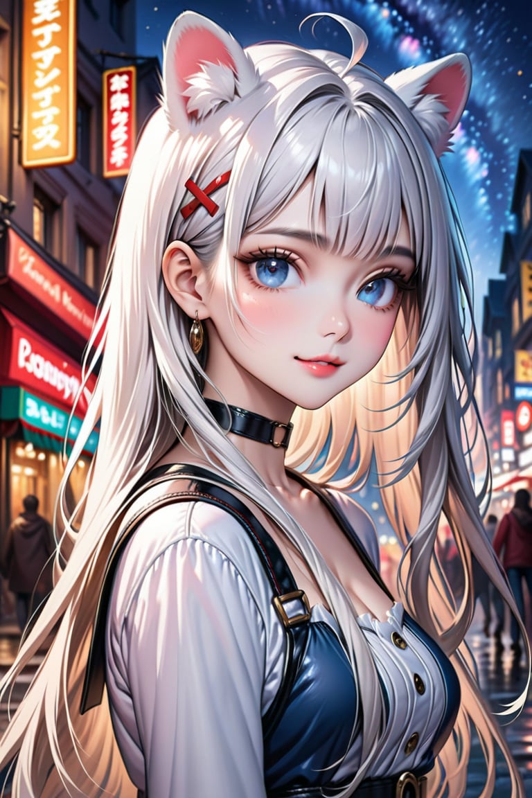 1girl, stoat girl, solo,  ((white hair)), very long hair, blue eyes, (straight hair), (bangs), animal ears, (stoat ears:1.2),
 Choker, ahoge, yaeba, (big white stoat Tail:1.2), (blue X hairpin), masterpiece quality, upper body, looking at viewer, smiling, corset, walking in renacentist city, close up, stunning image, light particles, stunning image, digital art, professional style, ((masterpiece quality: 2)), starry night, close up, attractive image, fine art parody, oil painting style. 