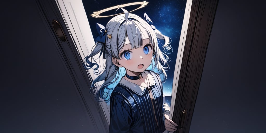 (masterpiece), full body:1.1, 1girl, (angel), white hair, long curly hair, two side up,blue eyes, two blue ribbons on her hair, (Double golden halo on her head), choker, ((angel wings)), solo, negative space, (starry sky background, standing), cinematic angle, side angle, from above:1, a girl in a school uniform, cute, black pleated skirt, blue blazer, blue bow in hair, ahoge, simple, facing viewer, manga illustration style, Trying to close the door, closing a door, a white wooden door, A mysterious door, Behind the door is a starry sky, bangs, staring blankly at the camera, surprised expression, open mouth, detailed blue eyes,