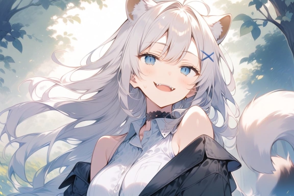 score_9, score_8_up, score_7_up, masterpiece, insane detail, 4k, source_anime, 1girl, solo,  ((white hair)), very long hair, blue eyes, (straight hair), (bangs), animal ears, (stoat ears:1.2), Choker, ahoge, fangs, (big stoat Tail:1.2), (X hairpin), (White sleeveless collared dress, blue chest bow), (black hooded oversized jacket:1.2), (Off the shoulders), 
, shaded face, light white hair, long hair, ahoge, wide smile, ,aesthetic